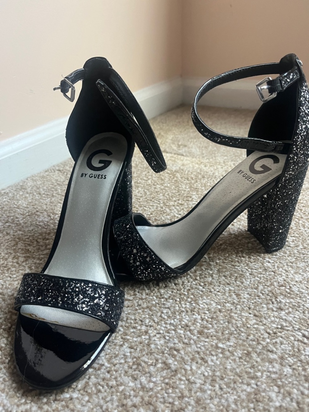 G by Guess Black Glitter Ankle-Strap Block Heels